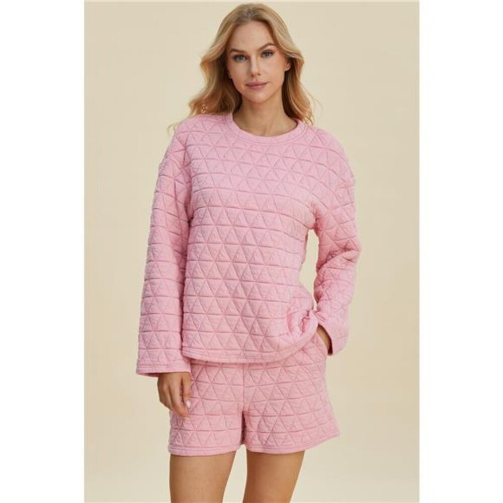 Double Take Full Size Texture Round Neck Long Sleeve Top and Shorts Set